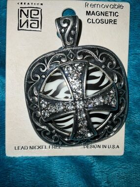 Nona LARGE silver STAINLESS STEEL cross pendant zebra print Rhinestone UNISEX NW